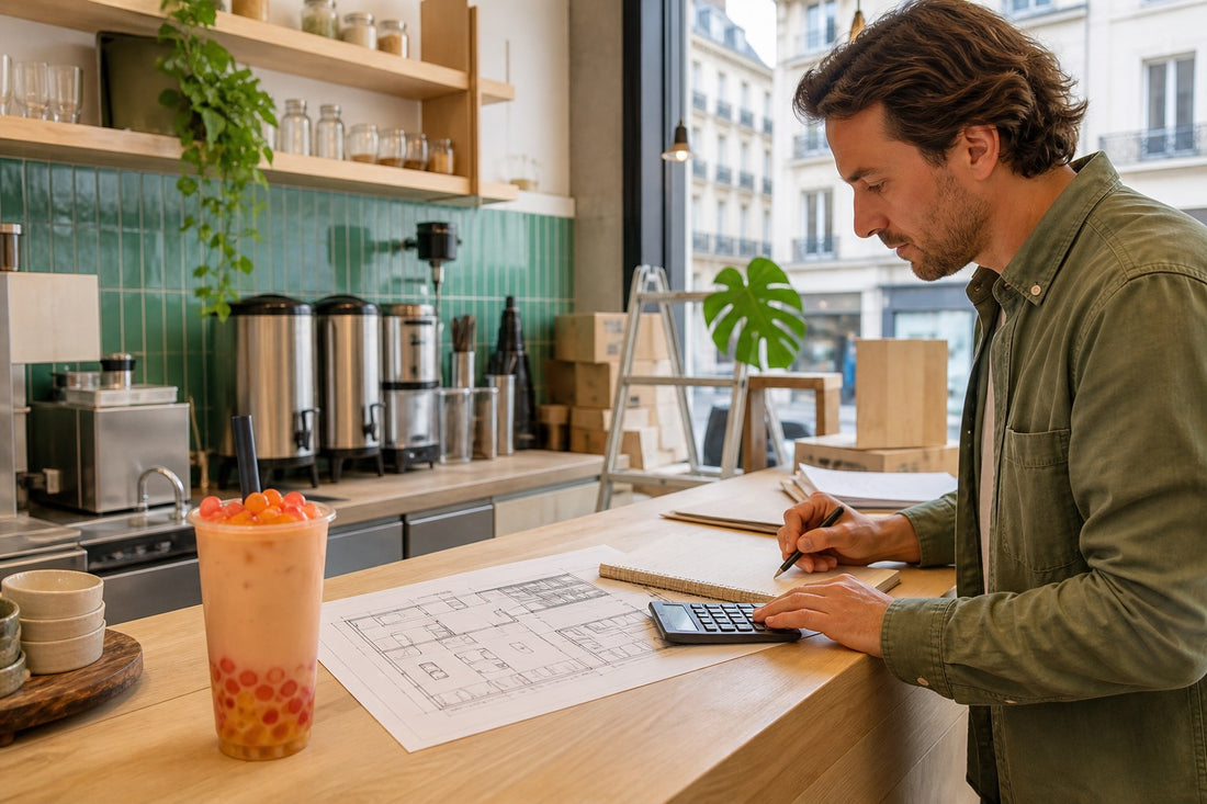 Créateur de bubble tea calculant le budget d’ouverture de sa boutique