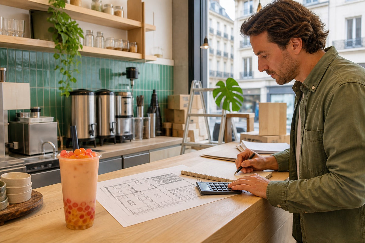 Créateur de bubble tea calculant le budget d’ouverture de sa boutique
